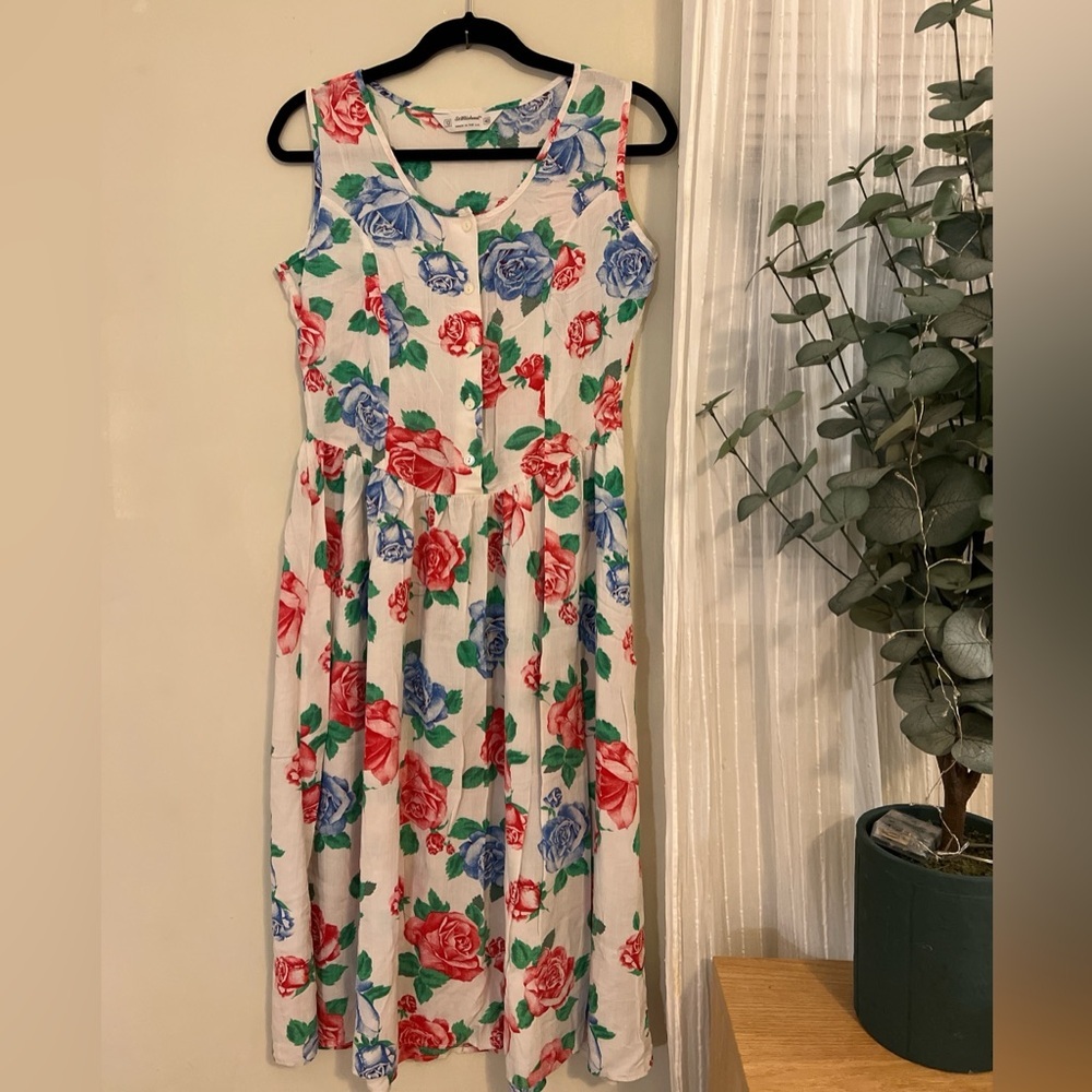 Vintage Cottagecore Garden Party Floral Sleeveless Linen-Blend Dress